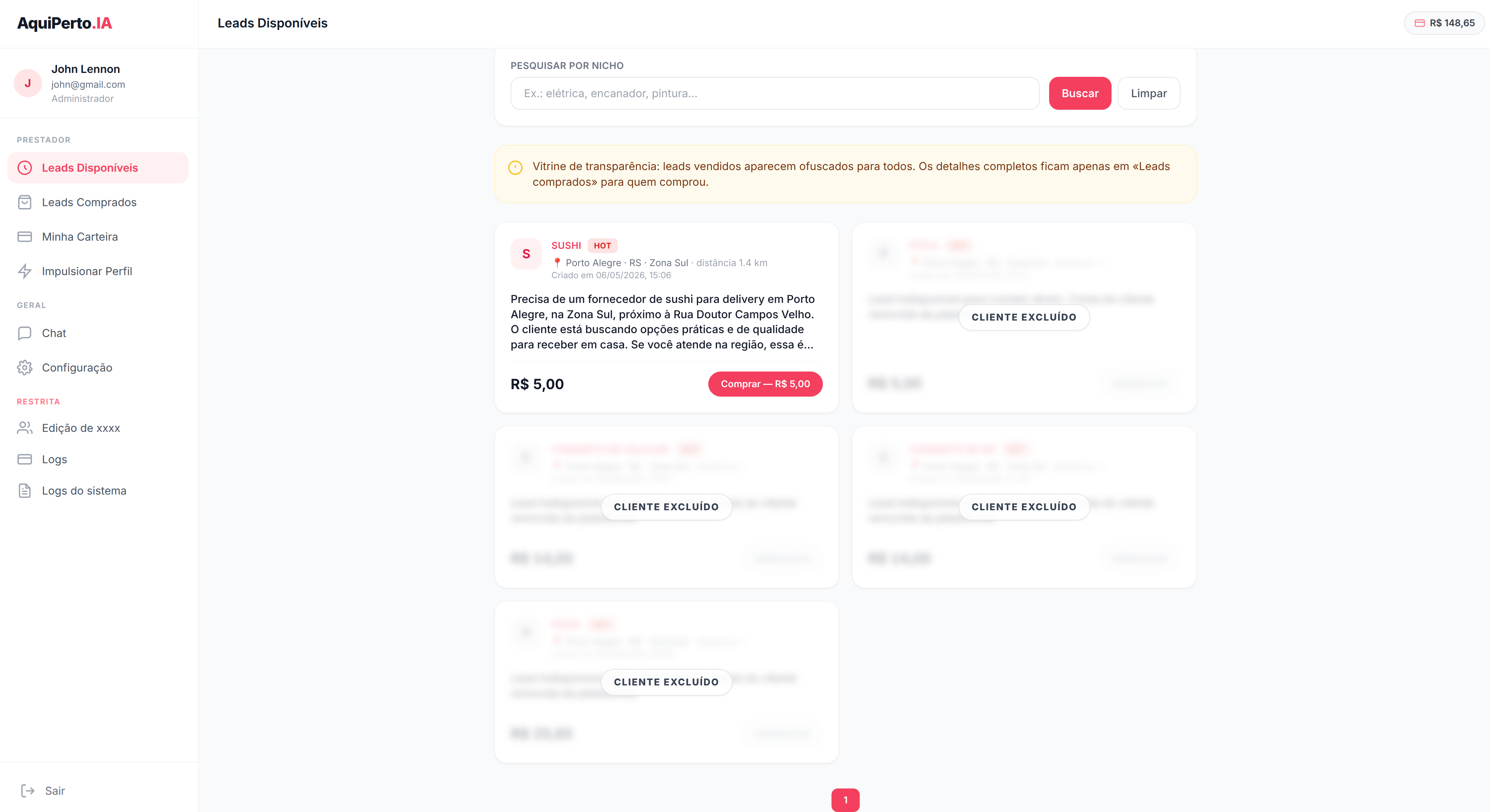 Painel de leads disponíveis no Stride Pro Leads